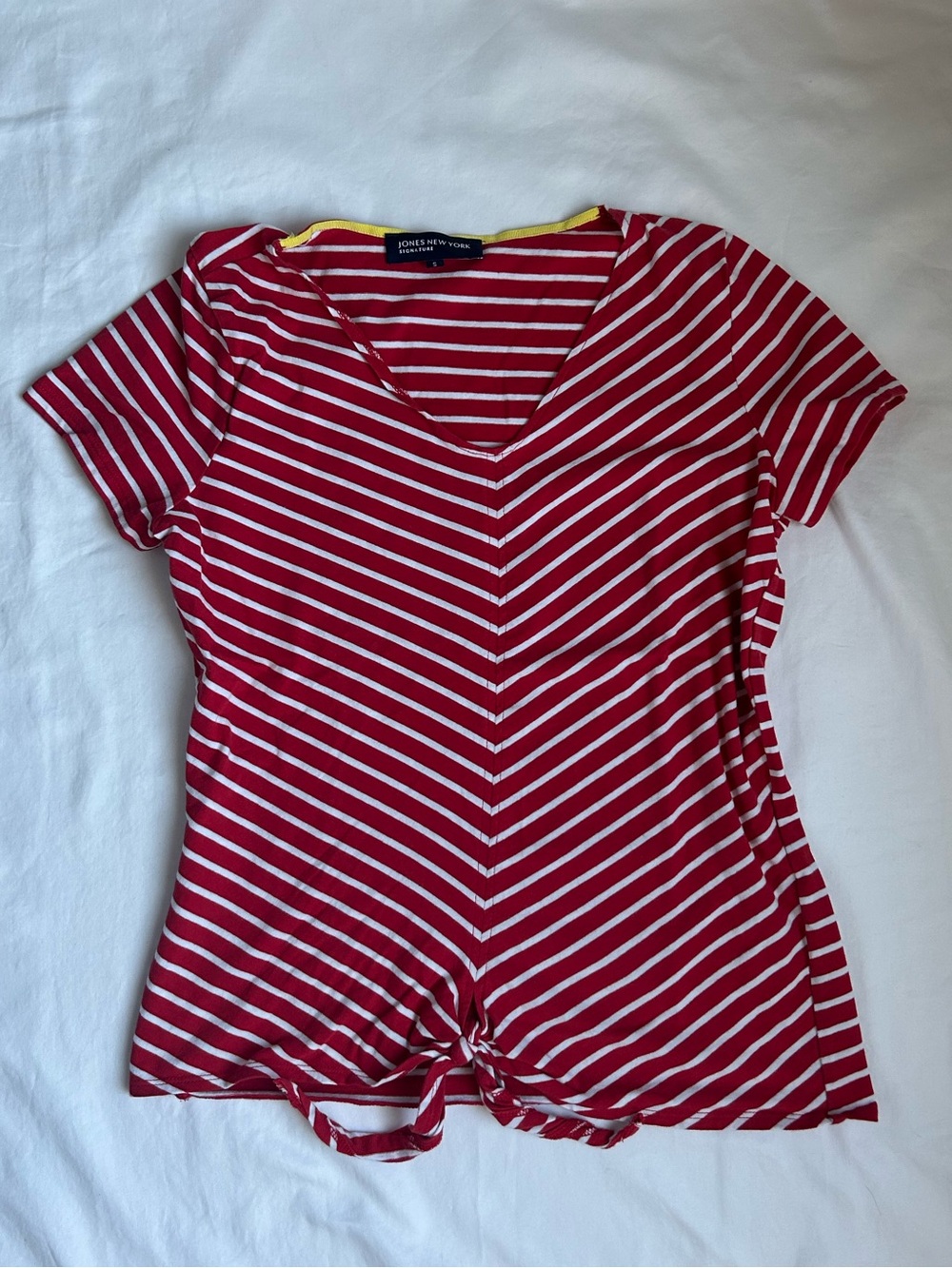 Jones New York Red White Striped V-Neck Tie-Front Tee
